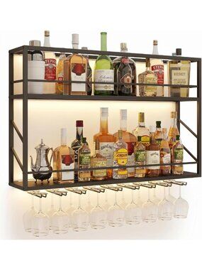 Stylish 2-Tier Wall Mounted Wine Rack with LED Lights - Space-Saving Design
